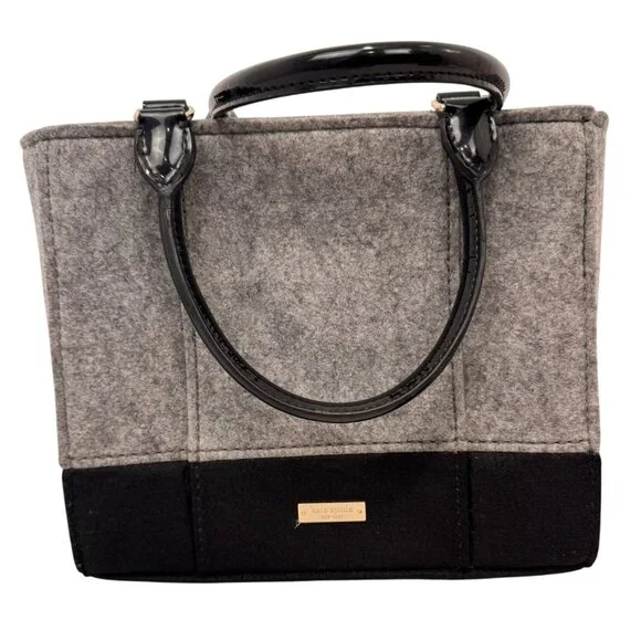 NWOT Kate Spade Black & Gray Wool Blend Tote Bag Gold Button Polka Dot Interior